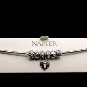 Napier Silver Plated Charm Slider Bracelet, Snake Chain Heart Charm, Vintage